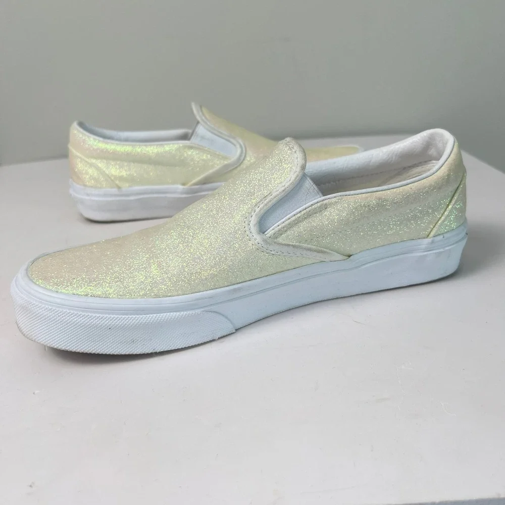 Vans Slip On Shoes Womens 8.5 Beige Shiny Glitter Sparkle Sneakers